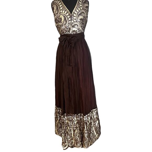 Vtg 60s Silk Chiffon Gold Metallic Brocade Regency Glam Dress Sz S Old Hollywood - Picture 5 of 8
